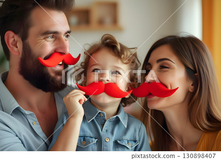 Family enjoying playful moment at home with red mustache props during fun activity 130898407