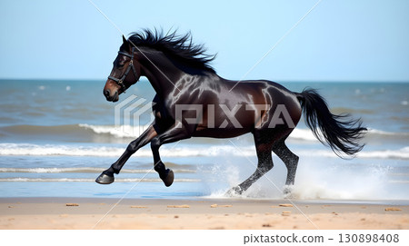 Majestic black horse galloping along the sandy beach under a clear blue sky during sunset hours 130898408