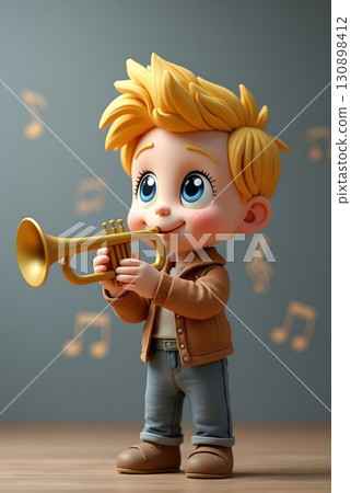 Cute animated child playing a trumpet surrounded by musical notes in a playful setting indoors 130898412