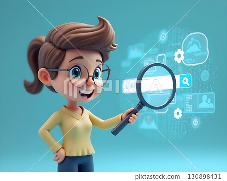 Young girl exploring digital information with a magnifying glass in a creative and colorful setting Young girl exploring digital information with a magnifying glass in a creative and colorful setting 130898431