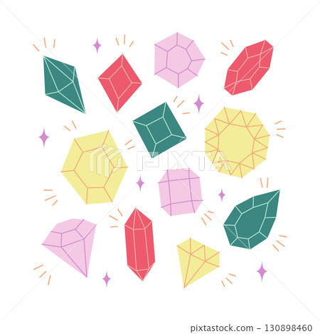 Colorful Gemstone and Crystal Illustration with Sparkling Faceted Shapes 130898460
