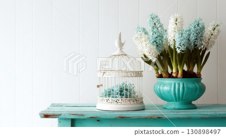 Elegant still life with a bouquet of white hyacinths 130898497