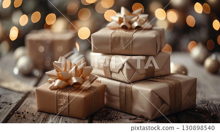 Stack of Christmas gifts wrapped in golden paper with ribbons on festive background 130898540
