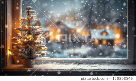 Cozy Christmas tree with lights on snowy windowsill and winter village view outside 130898546