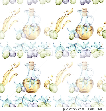 Seamless pattern of olives and olive oil illustrating Italian cuisine and nature creating a beautiful background for wallpaper or other designs Seamless pattern of olives and olive oil illustrating Italian cuisine and nature creating a beautiful background for wallpaper or other designs 130898600