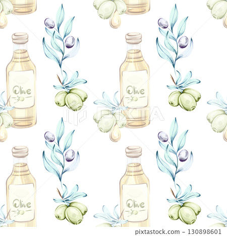 Beautiful seamless pattern of olives and olive oil illustrated in watercolor techniques perfect for backgrounds and wallpapers inspired by Italian cuisine nature and the beauty of healthy eating Beautiful seamless pattern of olives and olive oil illustrated in watercolor techniques perfect for backgrounds and wallpapers inspired by Italian cuisine nature and the beauty of healthy eating 130898601