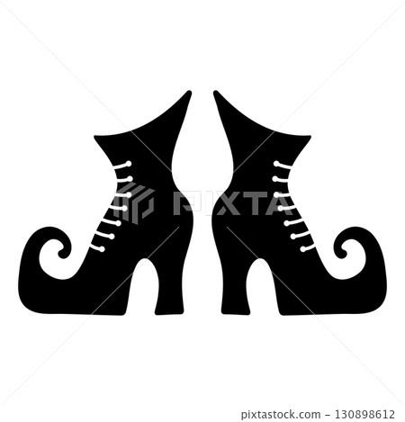 Witch Boots Silhouette Vector Illustration. Black silhouette vector illustration of a pair of witch boots with high heels and curled toes. Perfect for Halloween designs. Witch Boots Silhouette Vector Illustration. Black silhouette vector illustration of a pair of witch boots with high heels and curled toes. Perfect for Halloween designs. 130898612