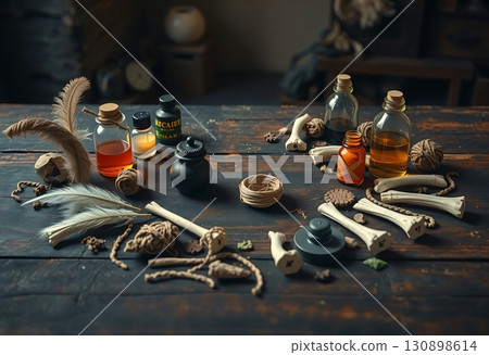 Black witch cauldron with bones and magic feathers Black witch cauldron with bones and magic feathers 130898614