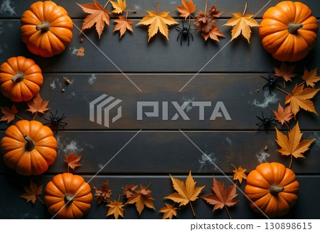 Dark wooden background with bright pumpkins and leaves 130898615