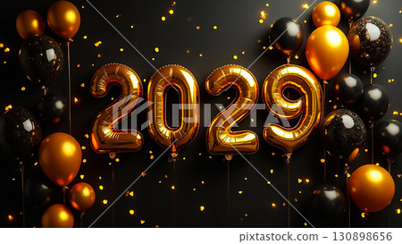 Festive celebration setup featuring golden balloons and black decor for welcoming New Year 2029 130898656