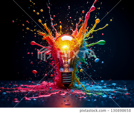 Colorful explosion around a light bulb creates vibrant artistic effect in dark setting Colorful explosion around a light bulb creates vibrant artistic effect in dark setting 130898658