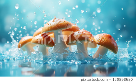 Vibrant mushrooms emerge from a watery surface, creating a striking visual in a tranquil setting Vibrant mushrooms emerge from a watery surface, creating a striking visual in a tranquil setting 130898680