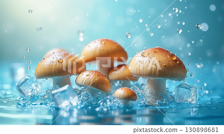 Cluster of mushrooms splashing in water with ice cubes on a serene blue background during daylight Cluster of mushrooms splashing in water with ice cubes on a serene blue background during daylight 130898681