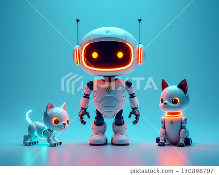 Cute robot and futuristic cats in a neon-lit environment showcasing advanced technology and companionship 130898707