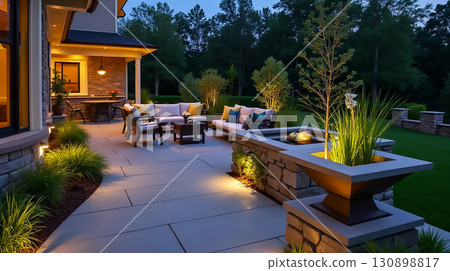Elegant outdoor living space with modern furnishings and thoughtful lighting at twilight in a serene garden setting 130898817
