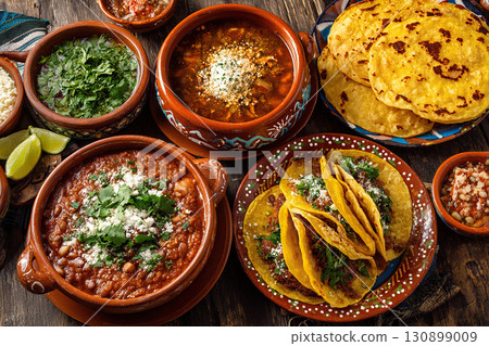 National Mexican cuisine. Traditional Mexican dishes in plates stand on a wooden table. Tacos with minced meat. Top view 130899009
