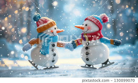 Two snowmen ice skating together in snowy winter wonderland Two snowmen ice skating together in snowy winter wonderland 130899070