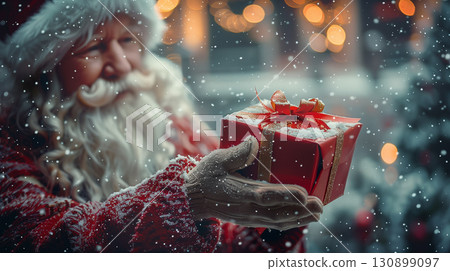 Santa Claus holding red Christmas gift box with golden ribbon in snowy festive atmosphere Santa Claus holding red Christmas gift box with golden ribbon in snowy festive atmosphere 130899097