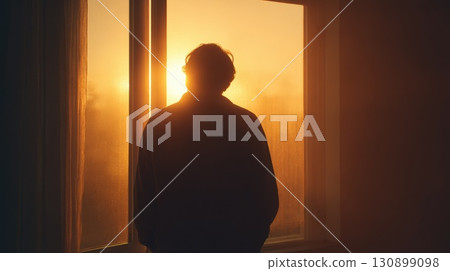 Silhouette of a Person Watching Sunrise Through a Glass Window 130899098