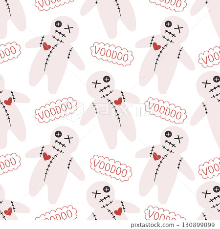 A cute seamless pattern with voodoo dolls. Fun Halloween print with fabric spooky toys. Background, wallpaper, wrapping paper, notebook cover, fabric template. 130899099