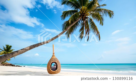 Relaxing in a wicker swing on a quiet beach under palm trees in a tropical paradise during daylight Relaxing in a wicker swing on a quiet beach under palm trees in a tropical paradise during daylight 130899116
