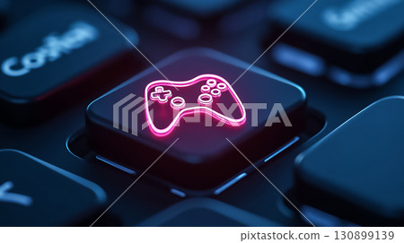 Gaming keyboard features a bright pink game controller key highlighting modern gaming technology and design trends 130899139