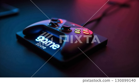 Gaming controller on a dark surface with illuminated 'game zone' branding during an evening gaming session 130899140