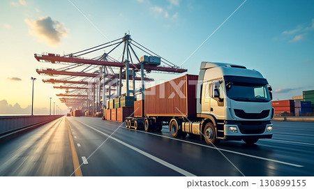 Busy freight truck transporting goods at a bustling shipping port during sunrise Busy freight truck transporting goods at a bustling shipping port during sunrise 130899155