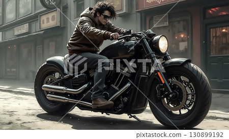 Young man rides stylish motorcycle down a city street on a sunny day Young man rides stylish motorcycle down a city street on a sunny day 130899192