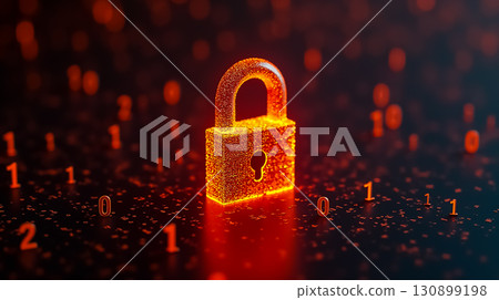 Digital lock glowing in red amidst binary code on a dark background representing cybersecurity 130899198