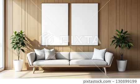 Modern living room with light colors, minimalistic design, and empty frames on wooden wall in daytime 130899199