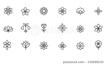 Floral icon set displays various blossoms. Flower collection shows different bloom shapes minimal style. Decoration design botany nature. Black line art vector white background. 130899230