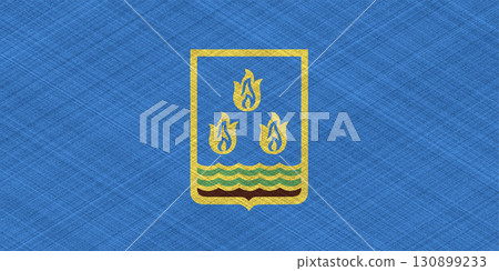 Official flag of the capital of Azerbaijan, Baku, on fabric texture. Conceptual collage. Illustration 130899233