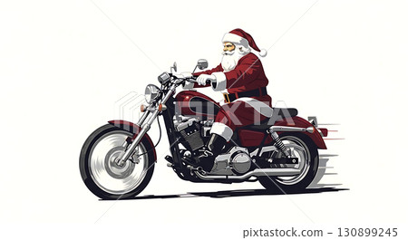 Santa Claus dressed in traditional red suit rides a motorcycle at high speed, with wind depicted in motion lines, showcasing a mix of Christmas and adventurous spirit 130899245