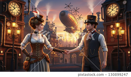 Steampunk-inspired scene with a woman in a corseted dress and man in vest and top hat, standing on a cobblestone street with vintage street lamps, large clock faces, and floating airship Steampunk-inspired scene with a woman in a corseted dress and man in vest and top hat, standing on a cobblestone street with vintage street lamps, large clock faces, and floating airship 130899247