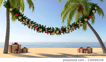 Christmas garland with red and gold ornaments draped between two palm trees on a sandy beach. Several wrapped gifts with ribbons are placed on the sand, ocean in the background 130899249