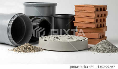 Various construction materials including gray plastic pipes, orange bricks stacked in a pile, a white circular concrete slab, and two small piles of gravel and sand 130899267