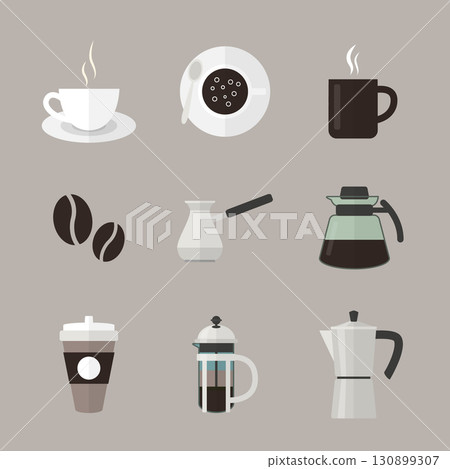 Flat Coffee Icons, Vector Set. Cup, Beans, French Press, Moka Pot, To Go Cup and Coffee Maker Illustration. Cafe Symbol Collection for Barista, Menu Design, Beverage and Drink Concept 130899307
