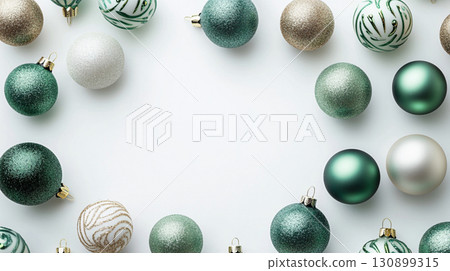 Green Christmas tree toys on white background. Clipart with balls for text . Wallpaper for design 130899315