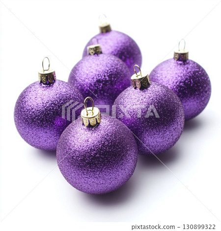 Purple Christmas tree toys on white background. Clipart with balls for text . Wallpaper for design 130899322