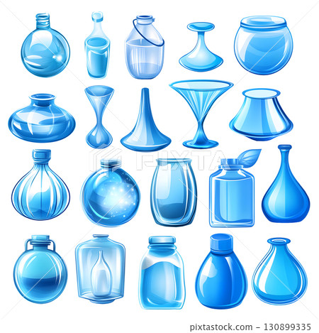 Set of blue transparent icons with infographic signs. Isolated 3D bottle sign on white background. 130899335