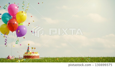 A birthday cake and colorful balloons with confetti on green grass against a clear sky with copy space 130899375