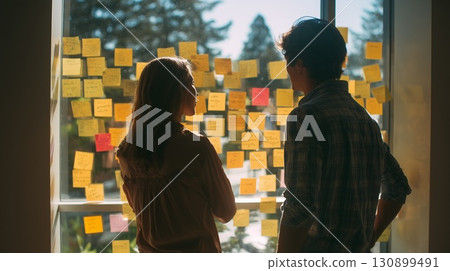 Two colleagues discussing ideas with sticky notes 130899491