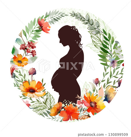 Silhouette of a pregnant woman with watercolor flowers abstract. Stock vector illustration. hand drawn. Not AI. Silhouette of a pregnant woman with watercolor flowers abstract. Stock vector illustration. hand drawn. Not AI. 130899509