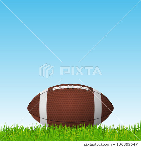 American Football Ball on Grass Field Vector Illustration with Blue Sky Background. Rugby Ball Icon for Sport Match, Training, Poster, Team Competition, Championship Banner 130899547