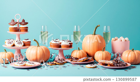 Modern and stylish Halloween dessert table with cupcakes, cookies, pumpkins, and champagne on a blue background 130899587