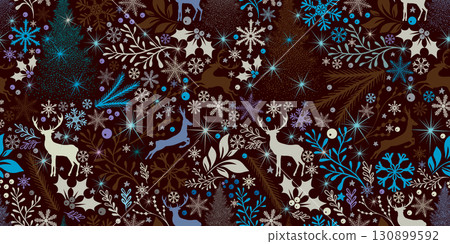 Christmas background seamless brown blue. Deer and snowflakes pattern. Not AI. Vector illustration Christmas background seamless brown blue. Deer and snowflakes pattern. Not AI. Vector illustration 130899592