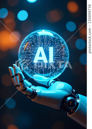 A futuristic robotic hand holds a glowing blue orb featuring the letters AI amidst a vibrant backdrop of colorful bokeh lights 130899736