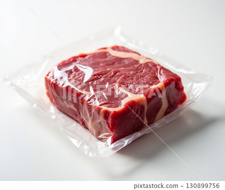 Freshly cut beef steak packaged for preservation and preparation in a kitchen setting 130899756