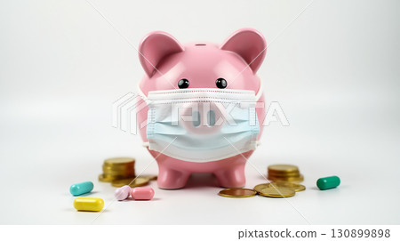 Piggy bank wearing a mask surrounded by coins and pills symbolizes financial health and care during a health crisis 130899898